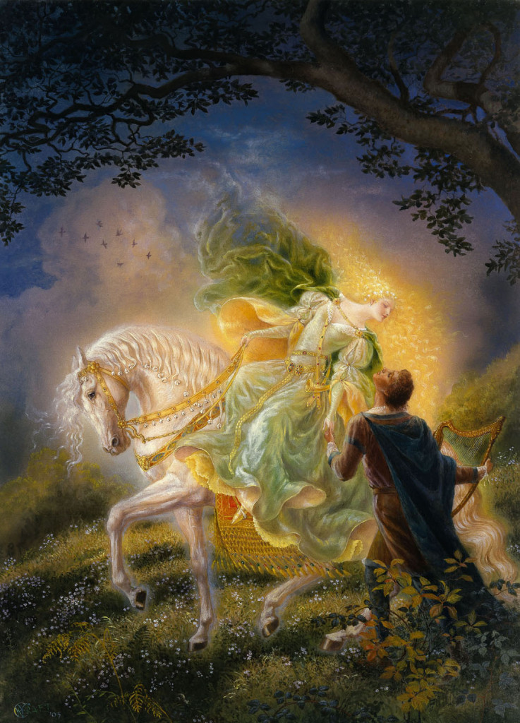 Oil over Watercolor on Strathmore board art size: 18" X 25" Created as a painting for the paperback cover of Thomas the Rhymer, for Bantam/Random House, NY; art by Kinuko Y. Craft (Prints, etc. available via www.kycraft.com/)